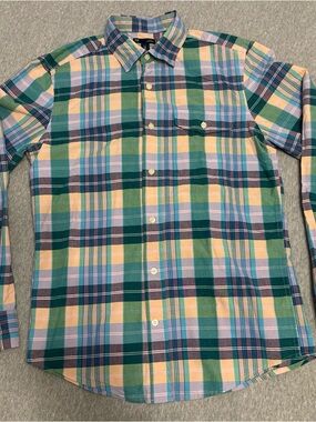 GAP Men's Plaid Button-Down Shirt in Green, Yellow and Blue Medium